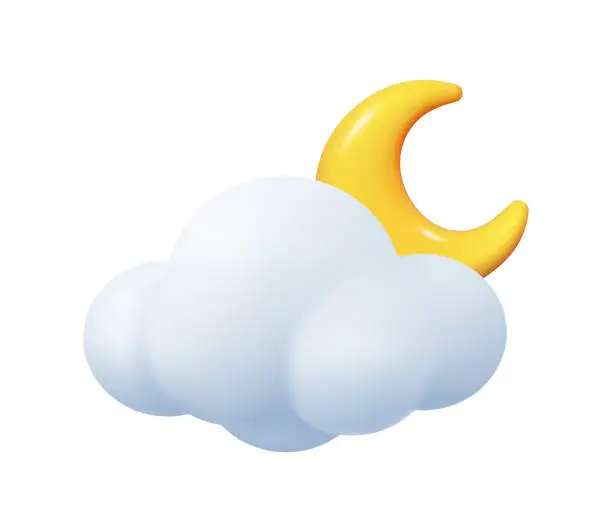 Vector illustration of Cloudy night, isolated weather forecast icon. Crescent moon and cloud, meteorology and meteorological conditions. Vector in three dimensional 3d, realistic style