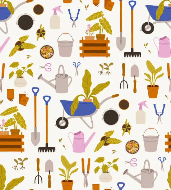 Vector illustration of Seamless pattern of gardening tools.