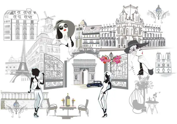 Vector illustration of Design  with lettering Paris and the Eiffel tower, fashion girls in hats, architectural elements.
