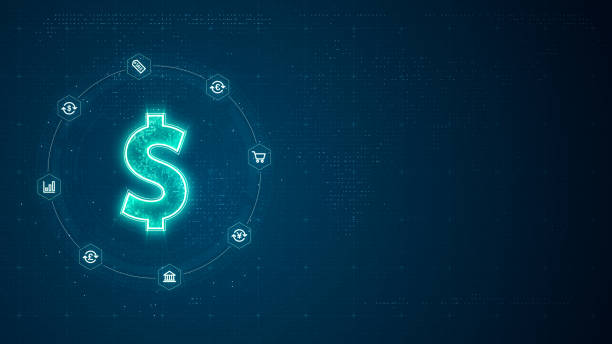istock Blue digital money LOGO with line connection and data transfer to futuristic icon technology abstract background 1443246708