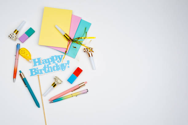 istock Creative birthday party concept. Free space for invitation, holiday and creativity attributes, party planner advertising 1443247411
