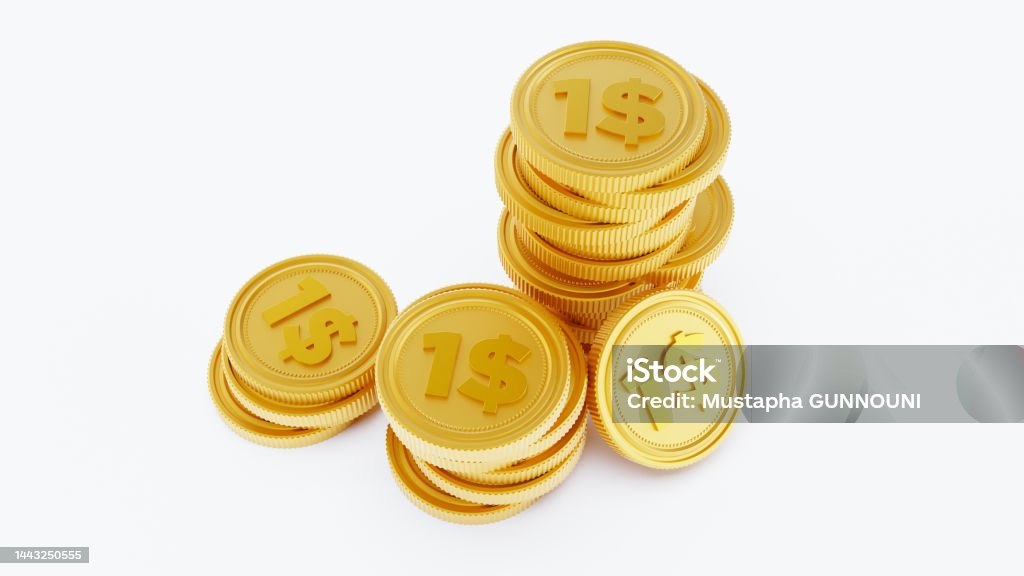 One Coin Stack Golden Coins Stack Isolated On White Background One Dollar Coins Stack ...