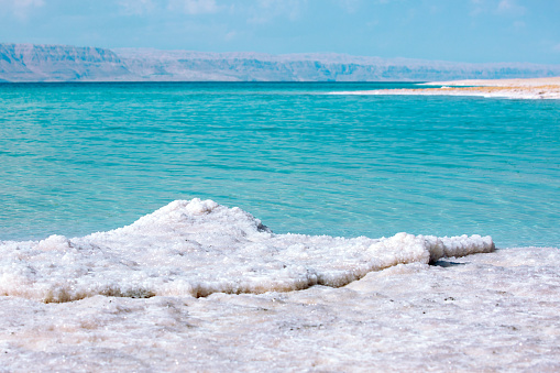 Jordan, Dead Sea coastline, salt crystals, high angle view landscape