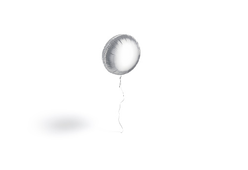 Blank silver round balloon flying mockup, side view, 3d rendering. Empty foil sphere with helium for birthday present mock up, isolated. Clear decorative levitates ballon with ribbon template.