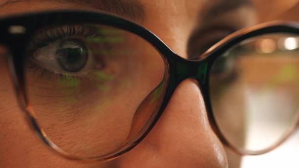 istock Close up woman eye reflecting computer screen. 1443252579