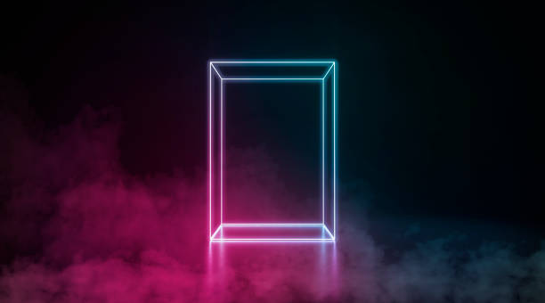istock Colored neon glowing rectangle box stand in darkness, fog effect 1443252629