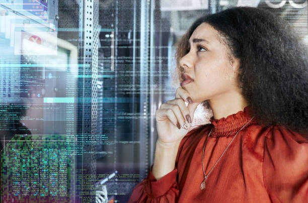 istock Black woman, web technology and code on hologram in ux design and cybersecurity glitch or crypto software. Digital coding error and blockchain 404 cloud computing and iot data developer 1443253177