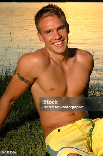 Summer At The Lake Stock Photo - Download Image Now - Blond Hair, Men, Shirtless