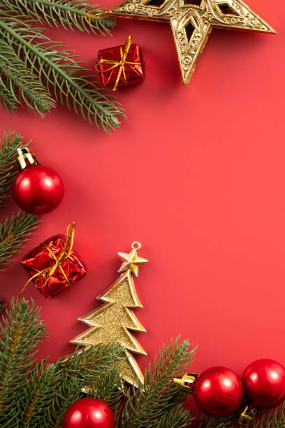 istock Christmas background design concept with beautiful decors and tree branch. 1443255094