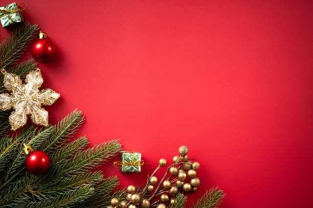 istock Christmas background design concept with beautiful decors and tree branch. 1443255130