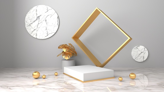 3d rendering of white marble and golden leaves on black marble background, minimal concept, blank space, luxury minimalist mockup , platform showcase product sale banner presentation cosmetic
