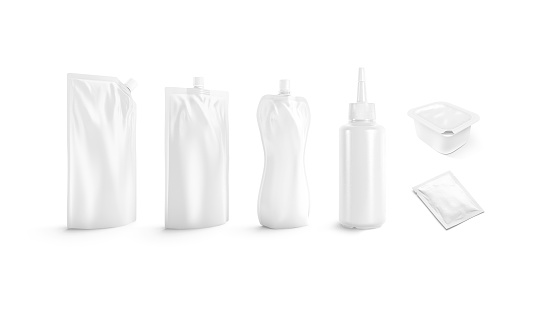 Blank white sauce pack mockup, different types, side view, 3d rendering. Empty doypack and sachet packet for ketchup and mayonnaise mock up, isolated. Clear fast food souce packing template.