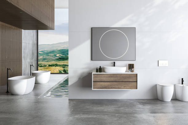 istock White bathroom interior with concrete floor, two white bathtubs and a sink, interior pool, plant, side view. Minimalist bathroom with modern furniture and city view. 3D rendering 1443257483