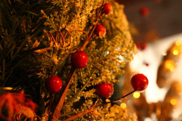 istock Christmas Ornament with Branches and Snow, Lights and Red Balls 1443258531