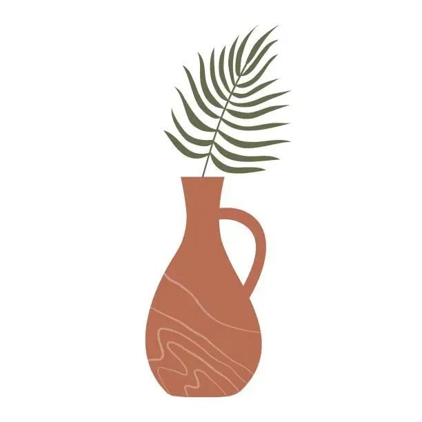 Vector illustration of Textured brown vase with a tropical plant branch isolated on a white background. Vector element mid-century modern style earth tones