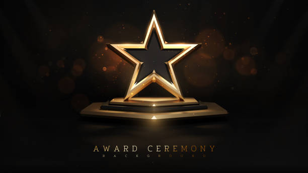 istock Award ceremony background and 3d gold star element on podium and glitter light effects decorations and bokeh. Vector illustration. 1443259103
