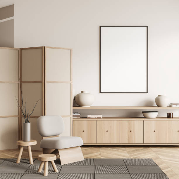 istock Light relaxing interior with armchair and drawer with decor. Mockup frame 1443260649