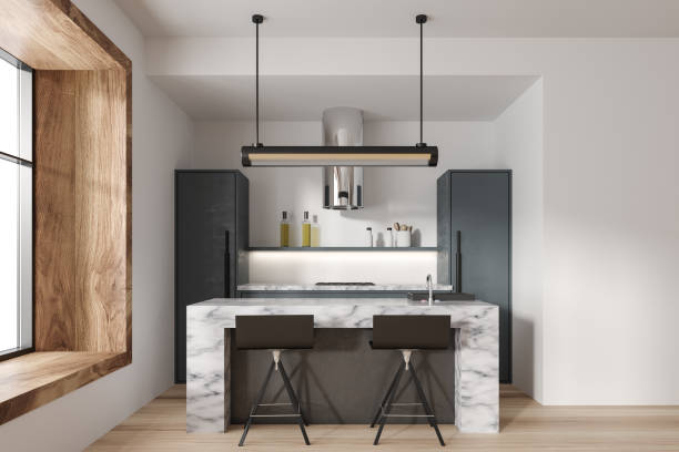 istock Stylish kitchen interior with bar countertop and seats, panoramic window 1443261308