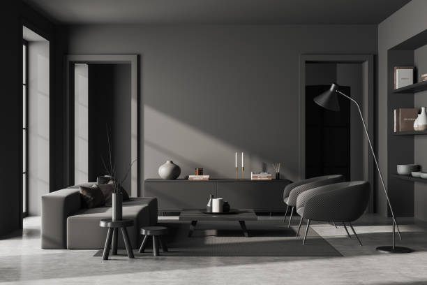 istock Front view on dark living room interior with armchairs, sofa 1443261531