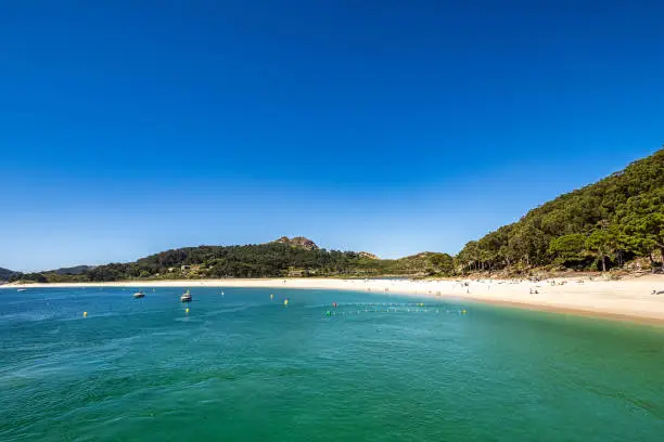 Beach of Rodas in Cies Islands nature reserve, white sand and clear turquoise water. Atlantic Islands of Galicia National Park, Spain.
