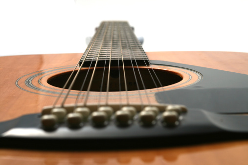 twelve (12) string guitar looking from bridge to neck against a white background