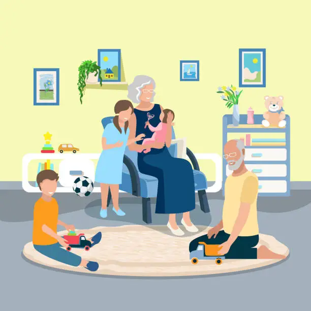 Vector illustration of Grandfather and grandmother with grandchildren