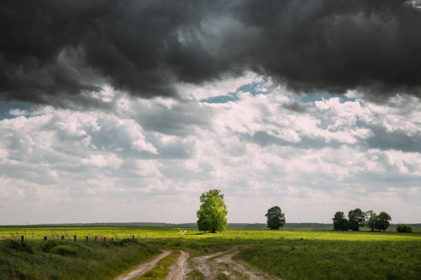 Dramatic Dark Sky On Horizon Above Rural Landscape Meadow. Heavy Rain Clouds Sky Above Grassland. Dramatic Sky With Clouds Above Countryside Rural Field. Soft Colors. Copy Space.