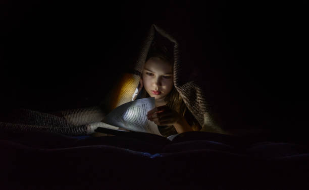 istock A girl with a flashlight reads a book under a blanket in the dark. 1443264623