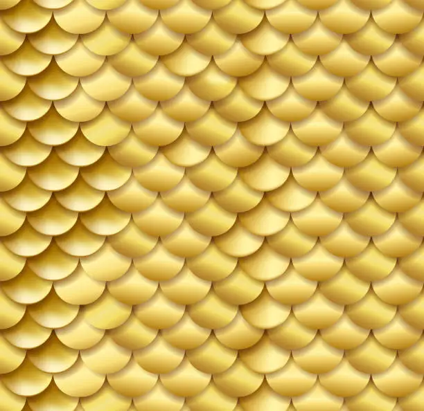 Vector illustration of Realistic seamless golden fish snake scales background vector texture pattern in golden colors. Yellow gold wildlife background.