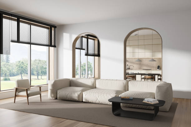 istock Stylish studio interior with relax and cooking area, panoramic window 1443266435