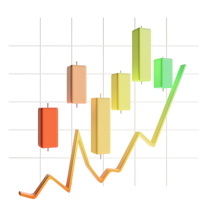Colorful gradient forex stock market candlesticks, graph lines with chart. Concept of financial analysis. 3D rendering
