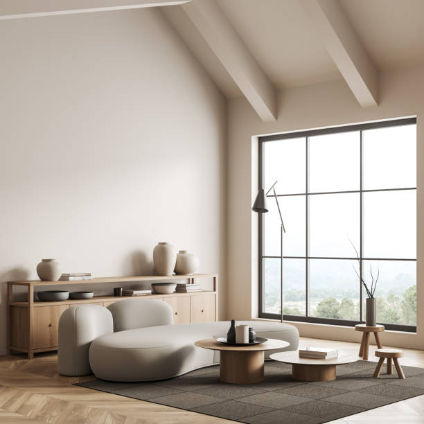istock Stylish living room interior with couch and panoramic window. Mockup wall 1443267151