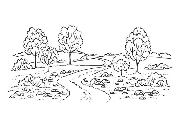 ländliche landschaft mit straße und baum. handgezeichnete illustration in vektor konvertiert. - pen and marker stock-grafiken, -clipart, -cartoons und -symbole