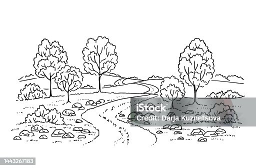 istock Rural landscape with road and tree. Hand drawn illustration converted to vector. 1443267183