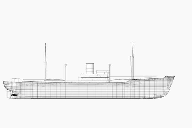 istock 3D illustration. Wire of historical general cargo motor ship 1443268294