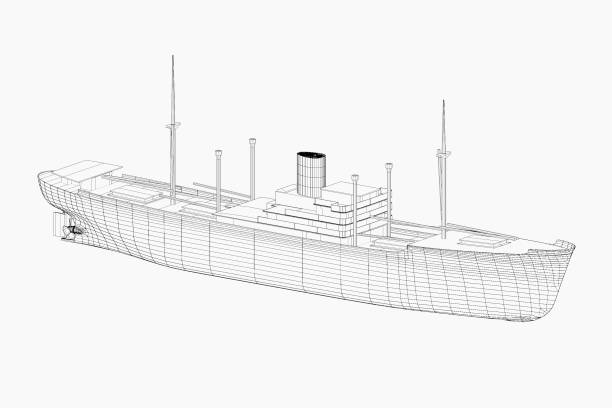 istock 3D illustration. Wire of historical general cargo motor ship 1443268296
