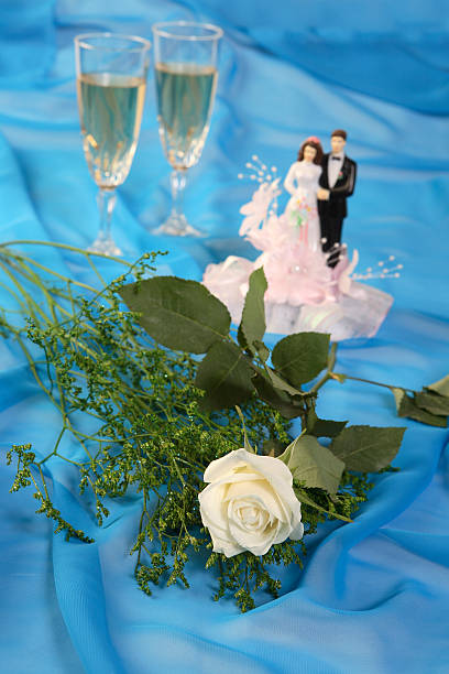 bonecos, bolo de casamento rosa e óculos sobre azul - netting champagne wine drink imagens e fotografias de stock