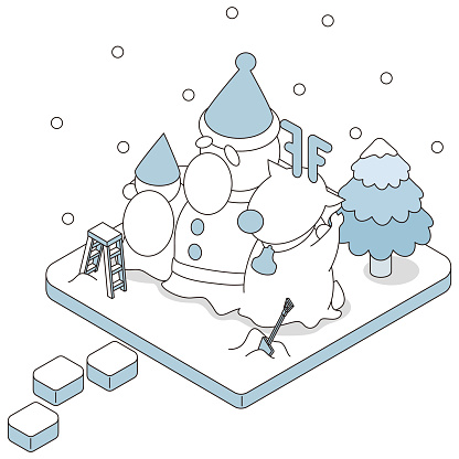 Isometric illustrations of snow sculptures with motifs of Santa Claus, reindeer, and fairies