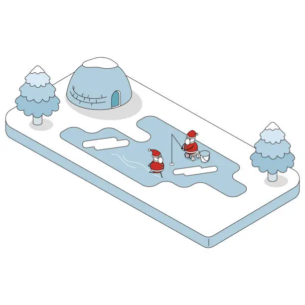 Vector illustration of Isometric illustration of Santa Claus fishing for smelt and Santa Claus ice skating