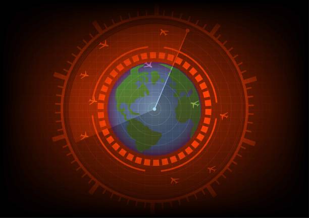 istock Hitech Abstract background of futuristic technology screen scan flight radar airplane route path with world maps vector illustration. 1443270142