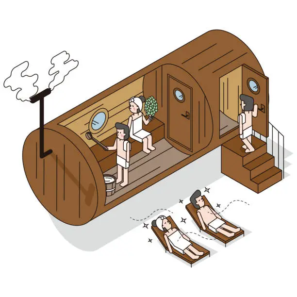 Vector illustration of Isometric illustration of a man and a woman enjoying a barrel sauna