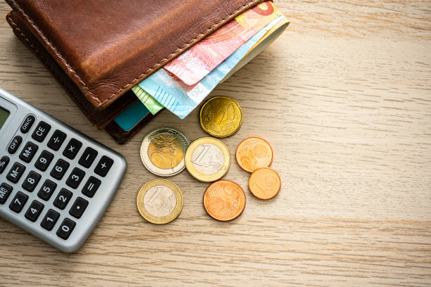Overhead view of Euro banknotes and coins coming out from a brown wallet and pocket calculator. High resolution 42Mp studio digital capture taken with Sony A7rII and Sony FE 90mm f2.8 macro G OSS lens