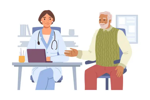 Vector illustration of Doctor giving consultation and health advice to senior man. Giving prescription and treatment to old man. Flat cartoon character, vector in flat style
