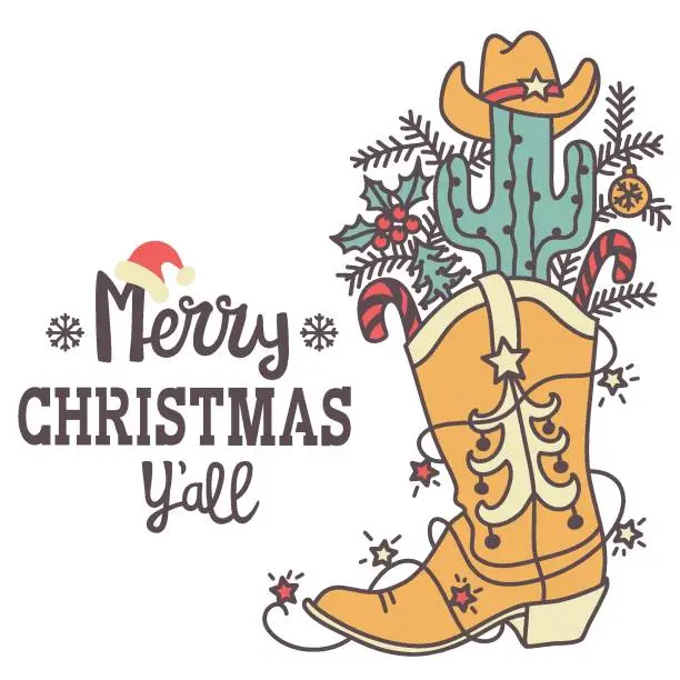 Vector illustration of Cowboy Christmas with holiday Merry Christmas text. Vector Western and cactus Christmas decortion isolated on white for desgn