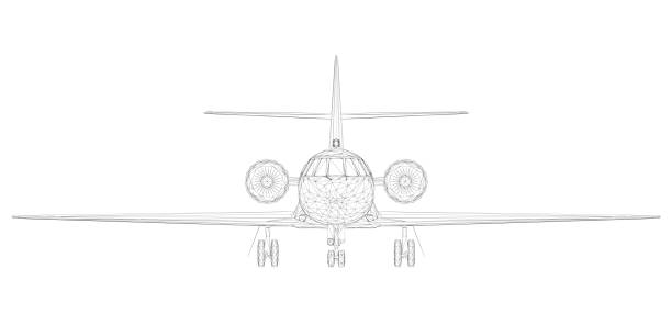 ilustrações, clipart, desenhos animados e ícones de wireframe de aeronaves de passageiros de linhas pretas isoladas em fundo branco. vista frontal. 3d. ilustração vetorial. - runway airplane airport three dimensional shape