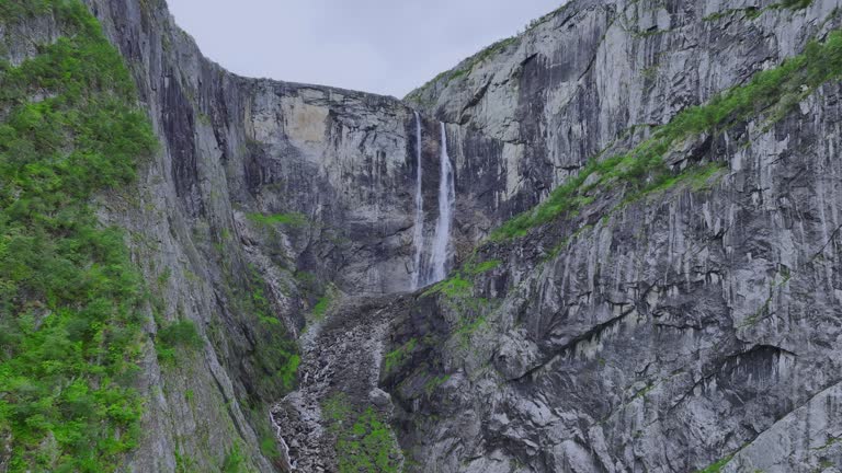 Aerial view of waterfall in mountains in Norway
