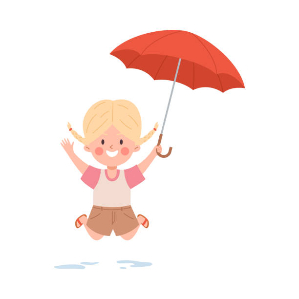 ilustrações, clipart, desenhos animados e ícones de menina feliz saltando com estilo plano aberto do guarda-chuva vermelho - pigtails ethnic little girls teenage girls