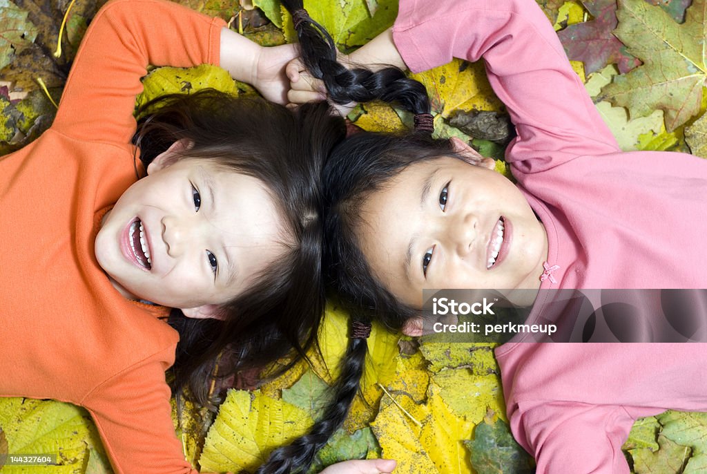 Laying in the leaves Two sisters laying in a pile of autumn leaves American Culture Stock Photo