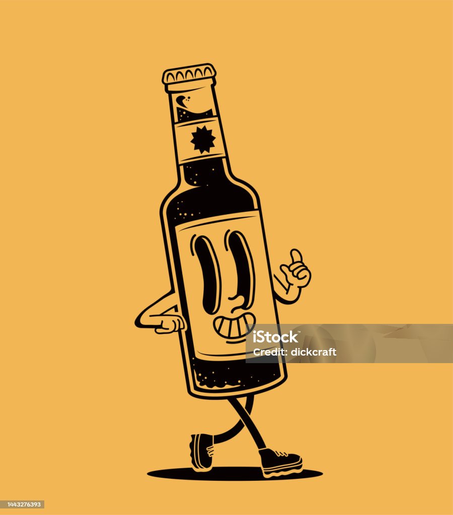 Retro cartoon walking glass bottle of beer or kombucha funny smiled mascot character isolated on yellow background. Vector illustration Beer Bottle stock vector Retro cartoon walking glass bottle of beer or kombucha funny smiled mascot character isolated on yellow background. Vector illustration Beer Bottle stock vector