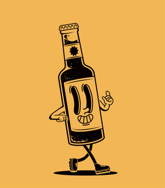 Retro cartoon walking glass bottle of beer or kombucha funny smiled mascot character isolated on yellow background. Vector illustration vector art illustration
